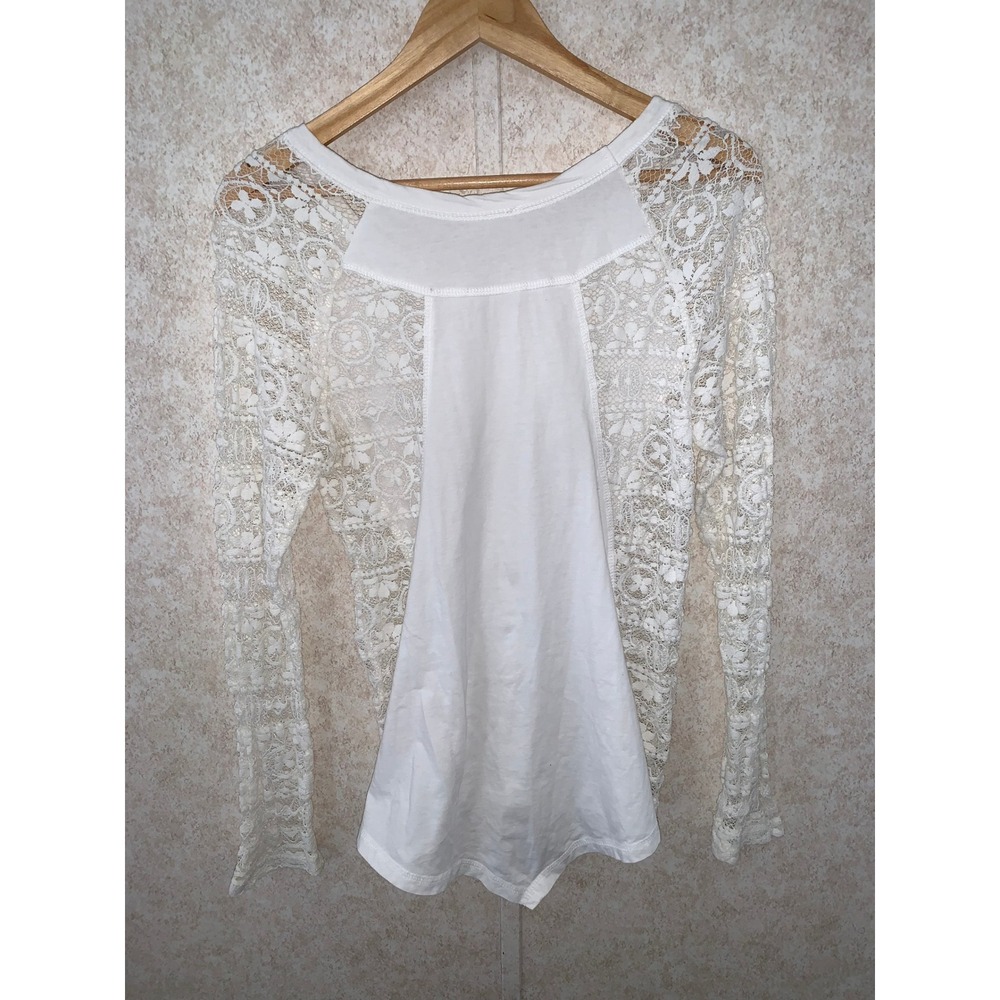 White Floral Lace Long Sleeve Top Mixed Media Scoop Neck High-Low Hem Womens M - Picture 9 of 12
